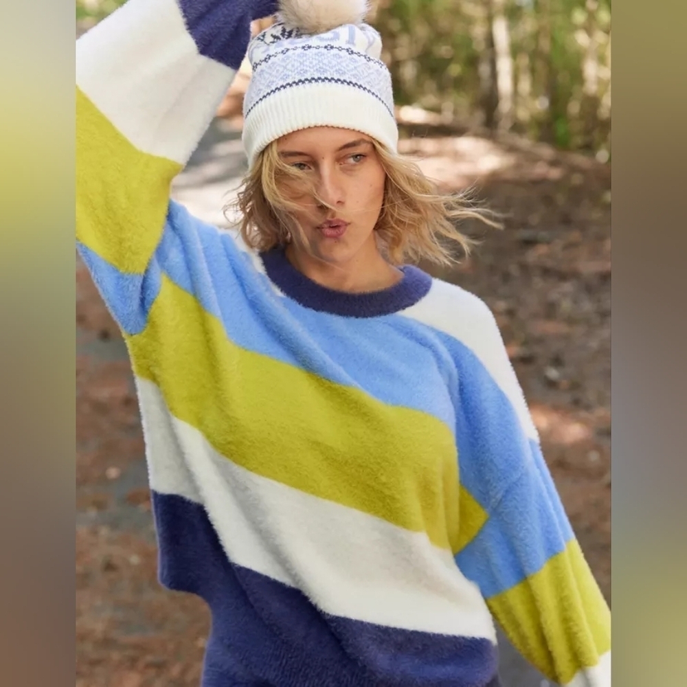 Aerie Flurry Crew Sweater Super Soft Size S Oversized Loose Fit Stripes Colorful